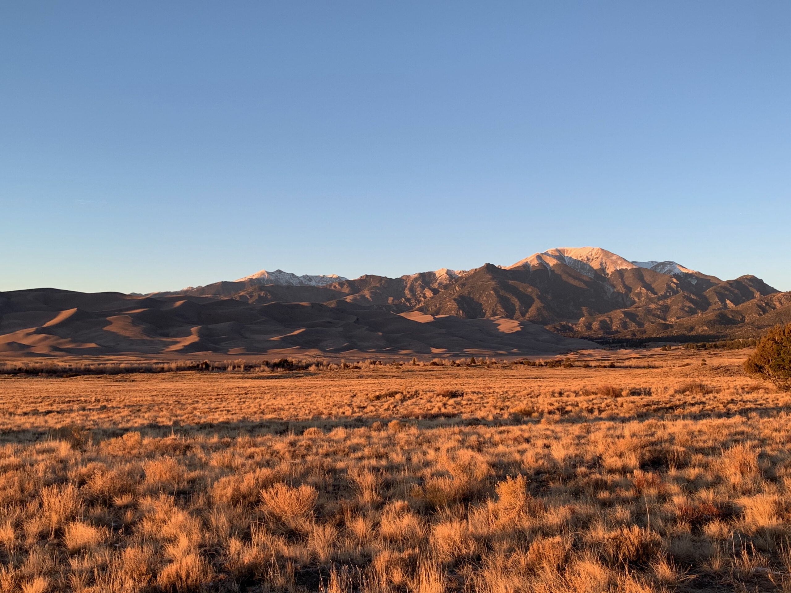 A stunning landscape featuring towering mountains with a light dusting of snow on their peaks, rolling sand dunes in the middle ground, and a winter prairie in the foreground. The contrast between the golden dunes, the white snow, and the muted tones of the prairie creates a striking natural scene.