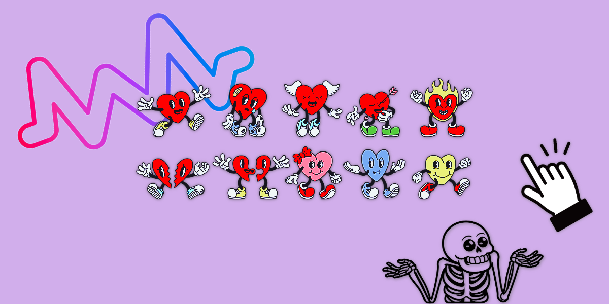 a graphic of colored anthropomorphic hearts with different expressions and attributes above a shrugging skeleton. a pink, purple, and blue wavelength on the left side signifies attraction and a black and while hand-cursor on the right signifies desire.